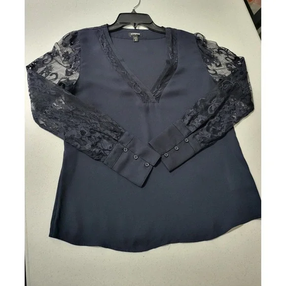 Express Black Lace Sleeve V Neck Sheer Blouse Top Women's Size 6 - Picture 5 of 9